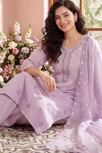 Women Ethnic Motifs Embroidered Regular Chikankari Kurta with Trousers & With Dupatta