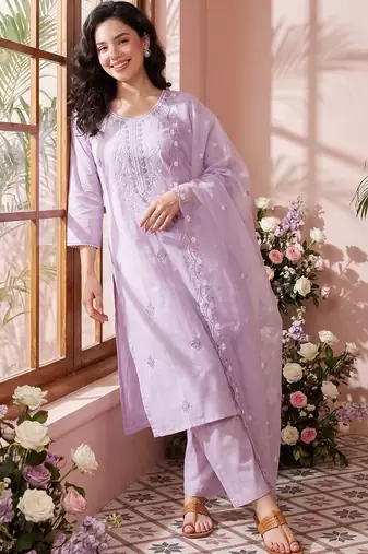 Women Ethnic Motifs Embroidered Regular Chikankari Kurta with Trousers & With Dupatta