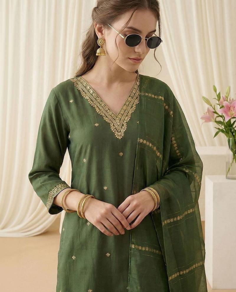 Women Ethnic Motifs Embroidered Regular Thread Work Kurta with Trousers & With Dupatta
