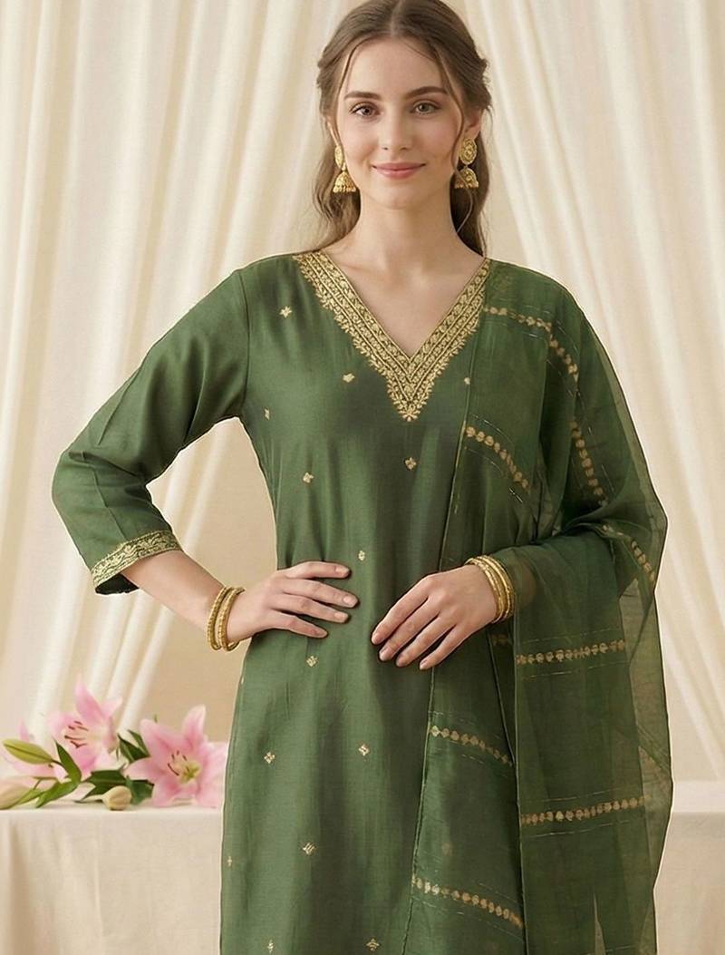 Women Ethnic Motifs Embroidered Regular Thread Work Kurta with Trousers & With Dupatta