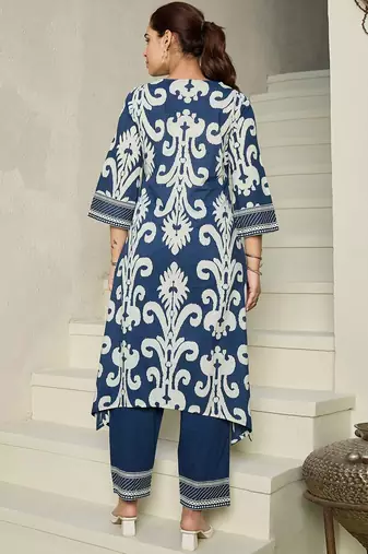 Floral Printed V-Neck Pure Cotton Kurta with Trousers