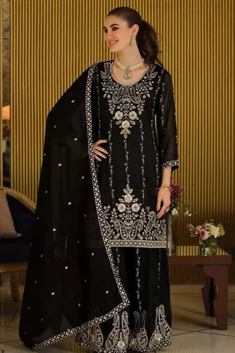 Women Paisley Embroidered Regular Beads and Stones Kurta with Palazzos & With Dupatta
