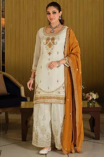 Women Paisley Embroidered Regular Beads and Stones Kurta with Palazzos & With Dupatta