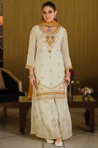Women Paisley Embroidered Regular Beads and Stones Kurta with Palazzos & With Dupatta