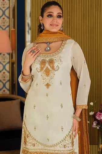 Women Paisley Embroidered Regular Beads and Stones Kurta with Palazzos & With Dupatta