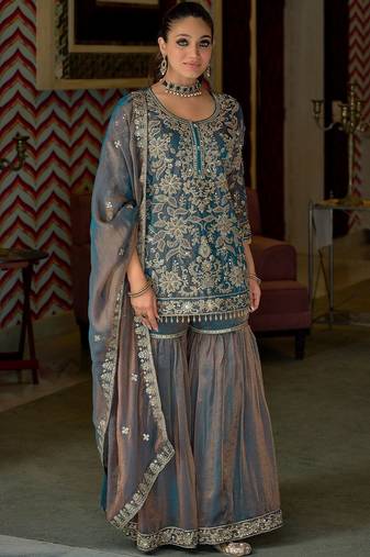 Women Floral Embroidered Regular Beads and Stones Kurta with Sharara & With Dupatta