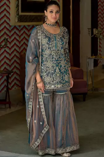 Women Floral Embroidered Regular Beads and Stones Kurta with Sharara & With Dupatta