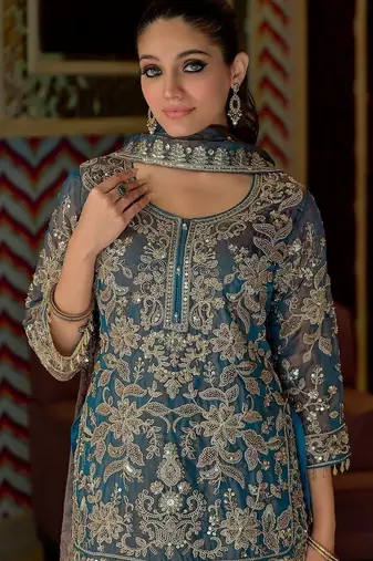 Women Floral Embroidered Regular Beads and Stones Kurta with Sharara & With Dupatta