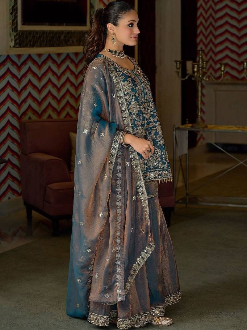 Women Floral Embroidered Regular Beads and Stones Kurta with Sharara & With Dupatta