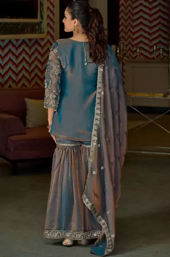 Women Floral Embroidered Regular Beads and Stones Kurta with Sharara & With Dupatta