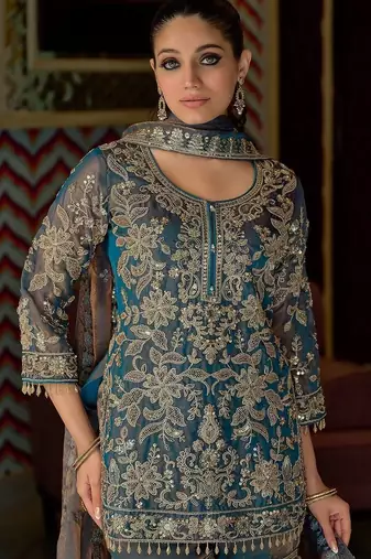 Women Floral Embroidered Regular Beads and Stones Kurta with Sharara & With Dupatta