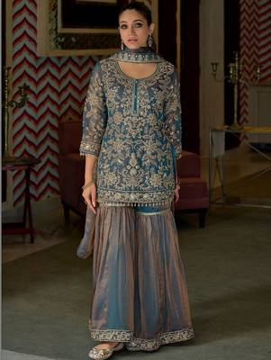 Women Floral Embroidered Regular Beads and Stones Kurta with Sharara & With Dupatta 6