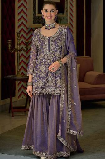 Women Floral Embroidered Regular Beads and Stones Kurta with Sharara & With Dupatta