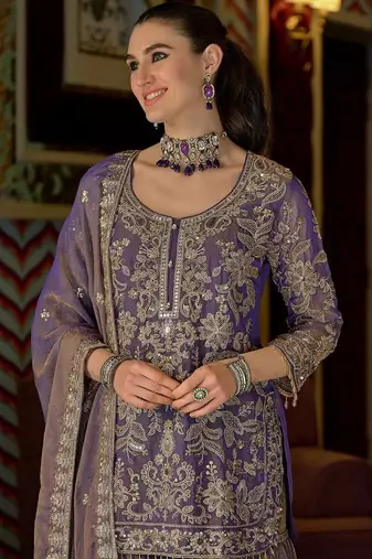Women Floral Embroidered Regular Beads and Stones Kurta with Sharara & With Dupatta