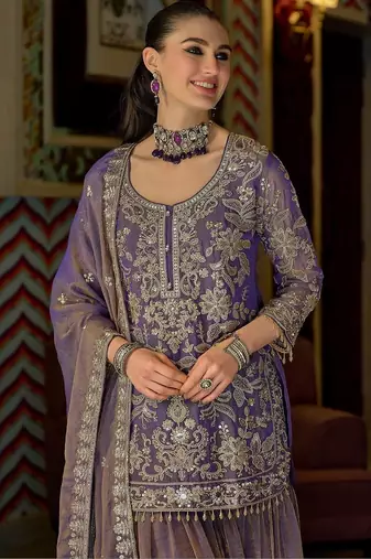 Women Floral Embroidered Regular Beads and Stones Kurta with Sharara & With Dupatta