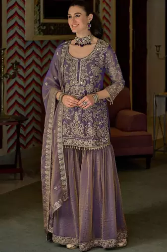 Women Floral Embroidered Regular Beads and Stones Kurta with Sharara & With Dupatta