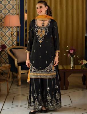 Black Embroidered Straight Kurta Palazzos Dupatta Set 1