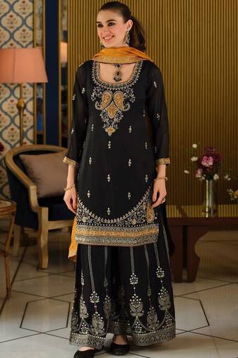 Black Embroidered Straight Kurta Palazzos Dupatta Set