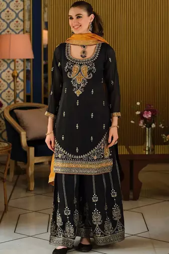 Black Embroidered Straight Kurta Palazzos Dupatta Set