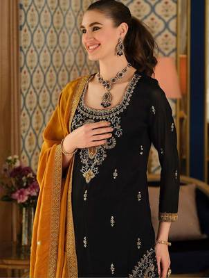 Black Embroidered Straight Kurta Palazzos Dupatta Set 2