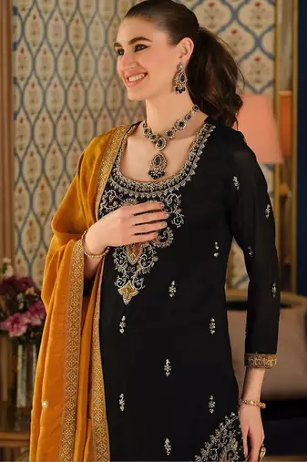 Black Embroidered Straight Kurta Palazzos Dupatta Set