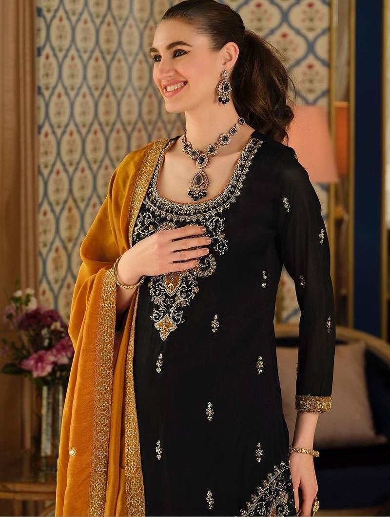 Black Embroidered Straight Kurta Palazzos Dupatta Set