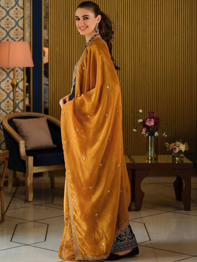Black Embroidered Straight Kurta Palazzos Dupatta Set