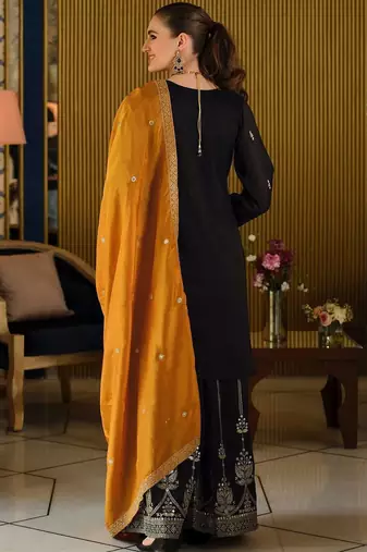 Black Embroidered Straight Kurta Palazzos Dupatta Set