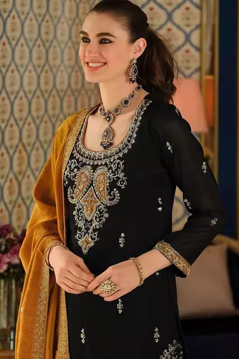 Black Embroidered Straight Kurta Palazzos Dupatta Set