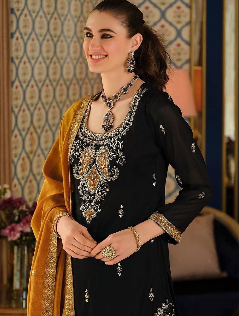 Black Embroidered Straight Kurta Palazzos Dupatta Set
