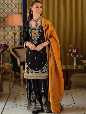 Black Embroidered Straight Kurta Palazzos Dupatta Set 6