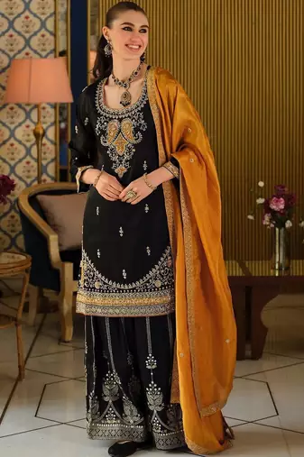 Black Embroidered Straight Kurta Palazzos Dupatta Set