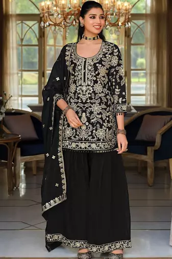 Women Floral Embroidered Regular Thread Work Kurta with Sharara & With Dupatta