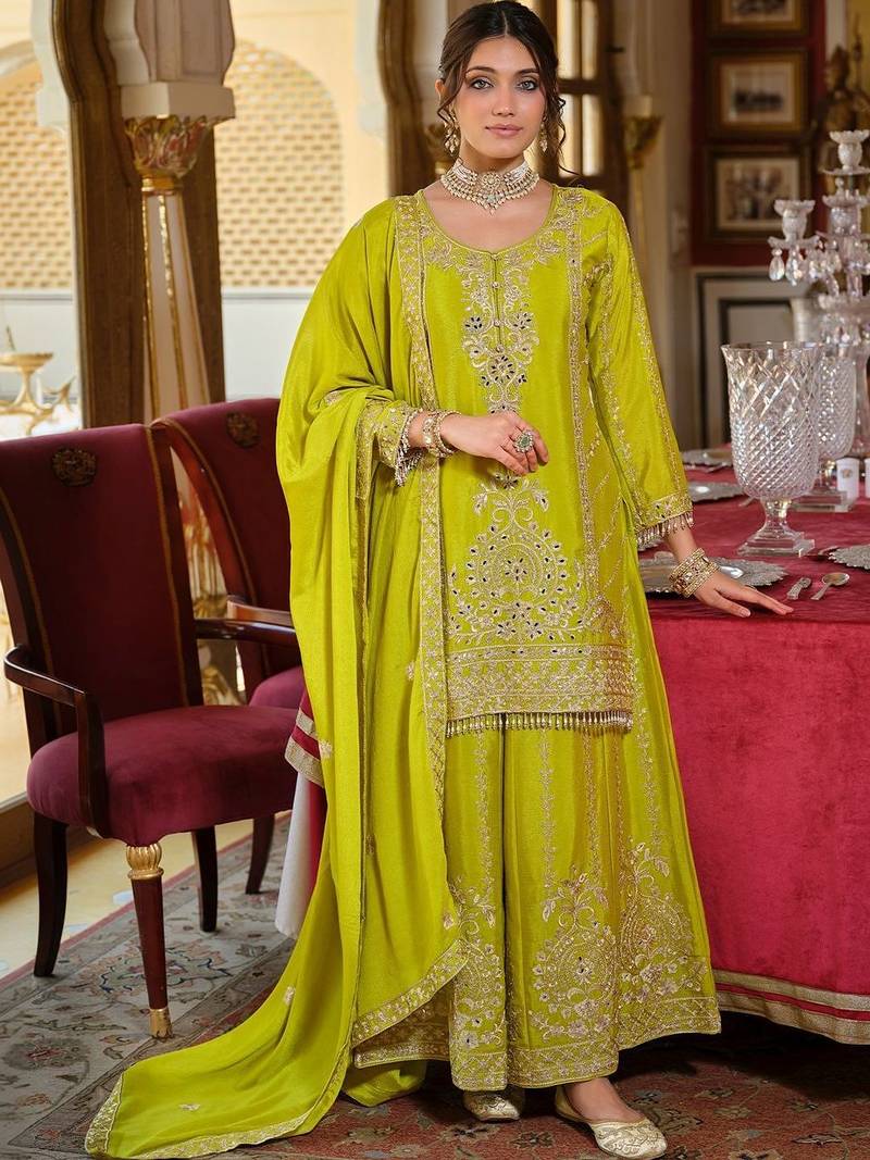 Women Ethnic Motifs Embroidered Regular Thread Work Kurta with Sharara & With Dupatta