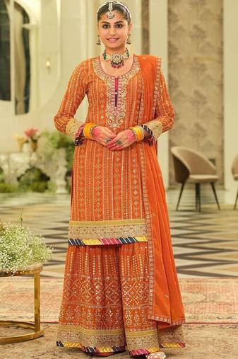 Women Ethnic Motifs Embroidered Regular Sequinned Kurta with Sharara & With Dupatta
