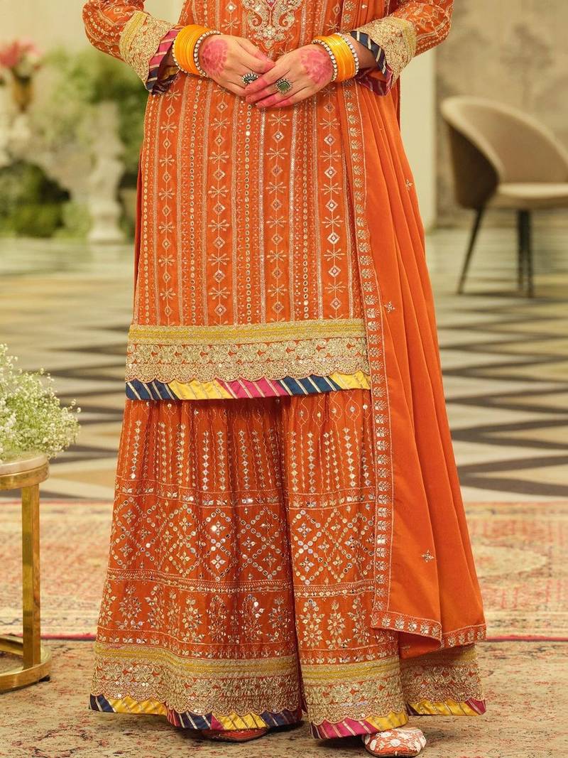 Women Ethnic Motifs Embroidered Regular Sequinned Kurta with Sharara & With Dupatta