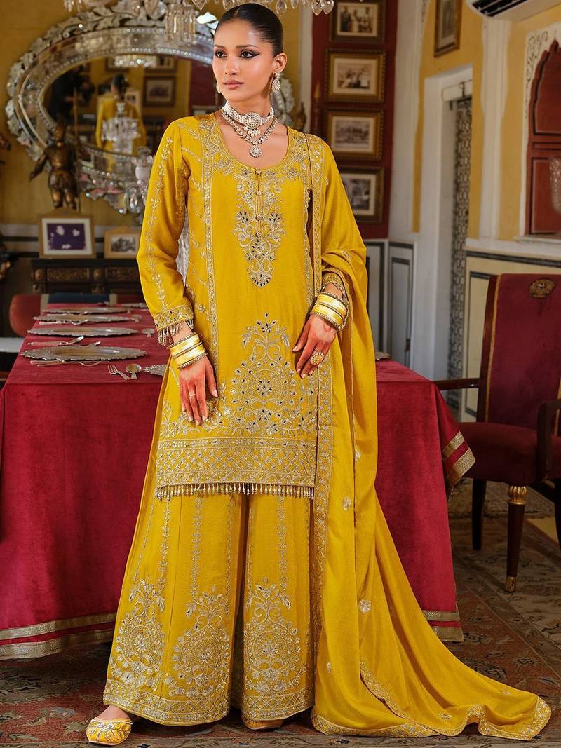 Women Ethnic Motifs Embroidered Regular Mirror Work Kurta with Palazzos & Dupatta