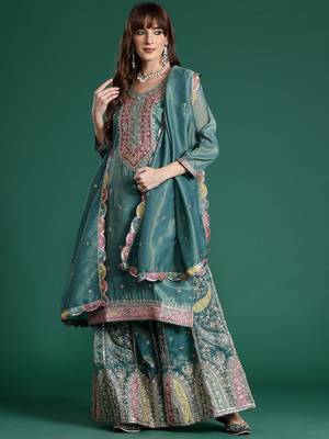 Ethnic Motifs Embroidered Sequinned Kurta with Palazzos & Dupatta 5