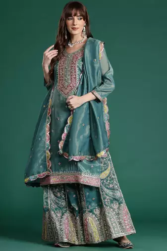 Ethnic Motifs Embroidered Sequinned Kurta with Palazzos & Dupatta