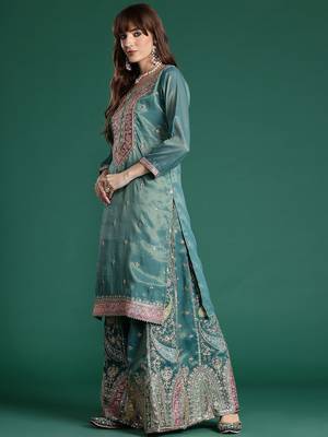 Ethnic Motifs Embroidered Sequinned Kurta with Palazzos & Dupatta 6