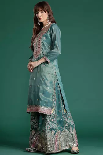 Ethnic Motifs Embroidered Sequinned Kurta with Palazzos & Dupatta