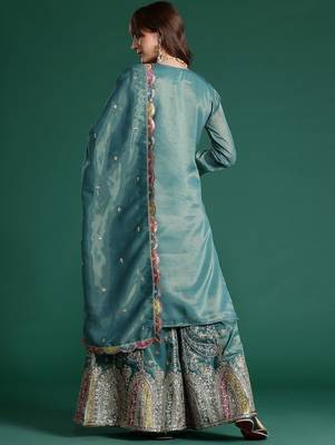 Ethnic Motifs Embroidered Sequinned Kurta with Palazzos & Dupatta 7