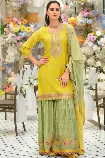 Women Ethnic Motifs Embroidered Regular Sequinned Kurta with Sharara & With Dupatta