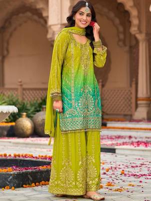 Women Ombre Embroidered Regular Mirror Work Kurta with Palazzos & With Dupatta 1