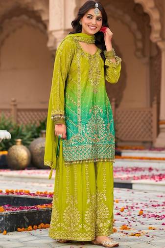 Women Ombre Embroidered Regular Mirror Work Kurta with Palazzos & With Dupatta