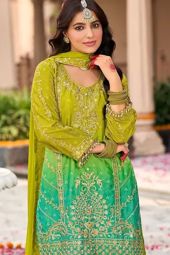 Women Ombre Embroidered Regular Mirror Work Kurta with Palazzos & With Dupatta