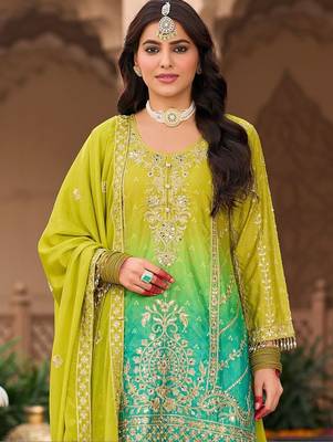 Women Ombre Embroidered Regular Mirror Work Kurta with Palazzos & With Dupatta 3