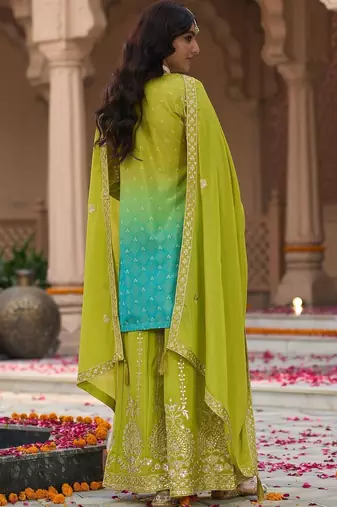 Women Ombre Embroidered Regular Mirror Work Kurta with Palazzos & With Dupatta