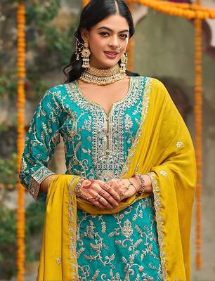 Women Ethnic Motifs Embroidered Regular Kurta with Palazzos & With Dupatta 2