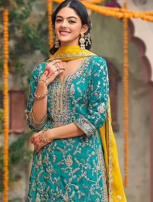 Women Ethnic Motifs Embroidered Regular Kurta with Palazzos & With Dupatta 4